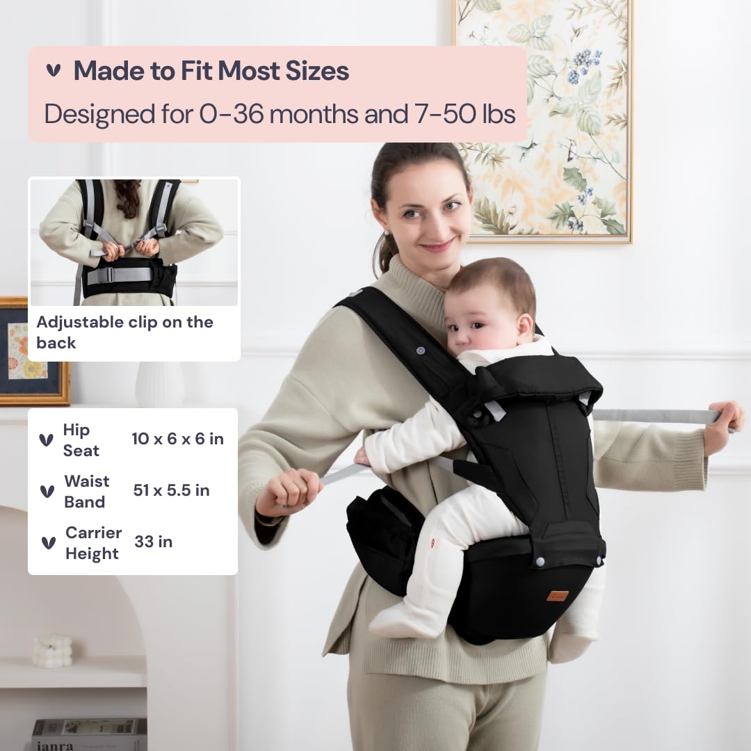 BabbleRoo Grow Carrier – 6-in-1 Baby Carrier with Hip Seat, Ergonomic, Cozy & Adjustable Toddler Carrier 7-50 lbs with Hip & Lumbar Support, Hood for Sun Protection, Newborn to Toddler, Black