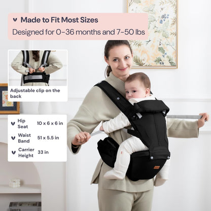 BabbleRoo Grow Carrier – 6-in-1 Baby Carrier with Hip Seat, Ergonomic, Cozy & Adjustable Toddler Carrier 7-50 lbs with Hip & Lumbar Support, Hood for Sun Protection, Newborn to Toddler, Black