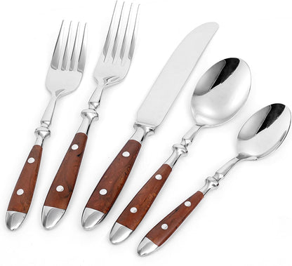 20-Piece Silverware Set for 4, High-end Everyday Flatware Set, Wood Grain Color Handles Cutlery Set, Retro Stainless Steel Forks and Spoons, Utensil Sets for Home Restaurant, Dishwasher Safe