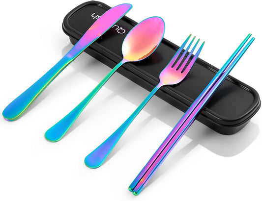 Travel Utensils with Case, Quatish Portable Silverware Set for Work, Stainless Steel Reusable Travel Cutlery Set, Fork and Spoon Set for Picnic, Camping, Gadgets, Lunch Box for Men, Rainbow