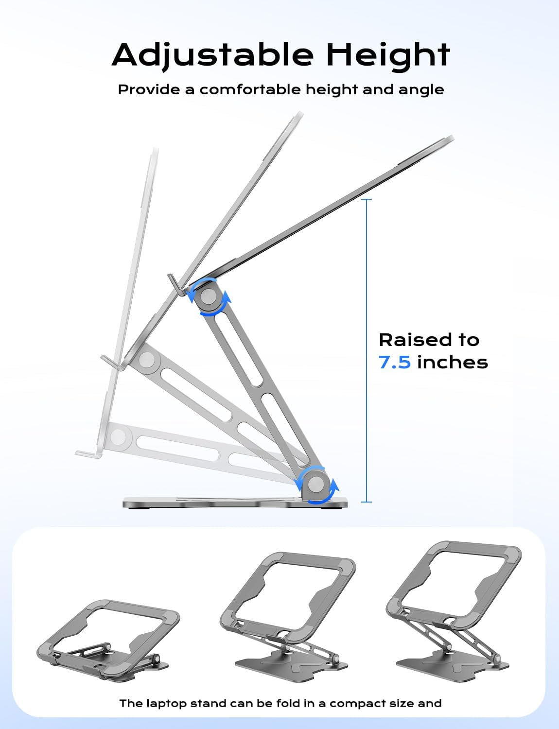 Foldable Laptop Stand for Desk, Adjustable Height Ergonomic Computer Stand, Portable Laptop Riser for MacBook Air Pro, All 10-16'' Notebooks Laptops, Grey