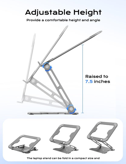 Foldable Laptop Stand for Desk, Adjustable Height Ergonomic Computer Stand, Portable Laptop Riser for MacBook Air Pro, All 10-16'' Notebooks Laptops, Grey