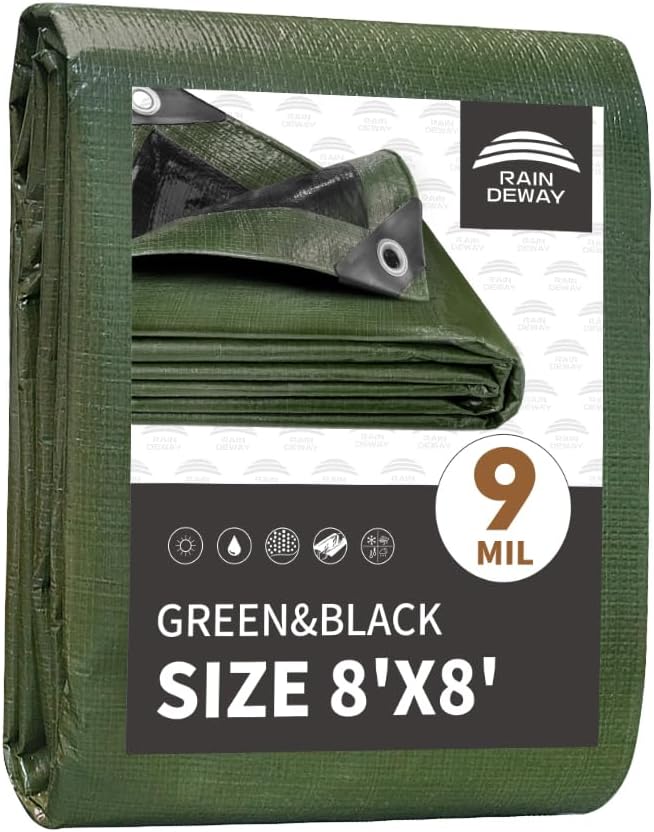 8x8 Feet Tarp Waterproof,9Mil Thick,Finished Size Tarps,UV Resistant,Durable,Multipurpose Poly Tarp Cover with Metal Grommets and Reinforced Edges,Green/Black by RAINDEWAY