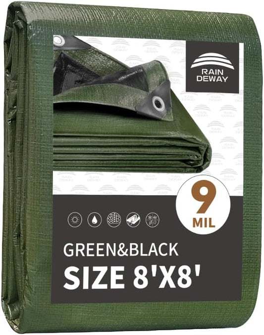 8x8 Feet Tarp Waterproof,9Mil Thick,Finished Size Tarps,UV Resistant,Durable,Multipurpose Poly Tarp Cover with Metal Grommets and Reinforced Edges,Green/Black by RAINDEWAY