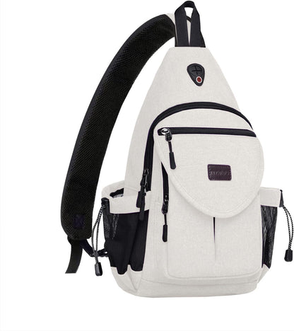 MOSISO Sling Backpack,Canvas Crossbody Hiking Daypack Bag with Anti-theft Pocket, Pearl White