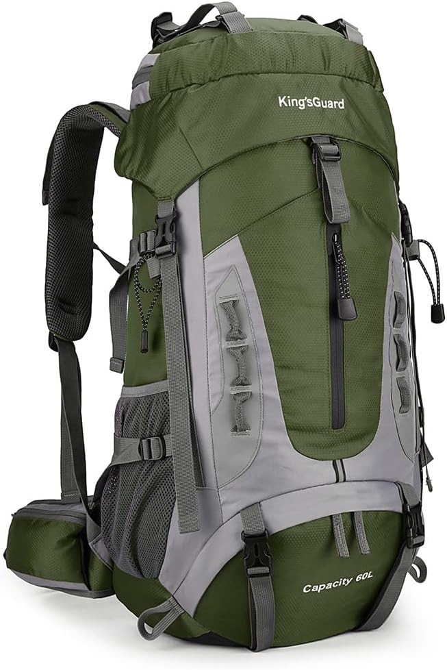 King'sGuard 60L Hiking Backpack Large Waterproof Camping Backpack for Men and Women Lightweight Frameless Backpacking Backpack with Rain Cover (Army Green)