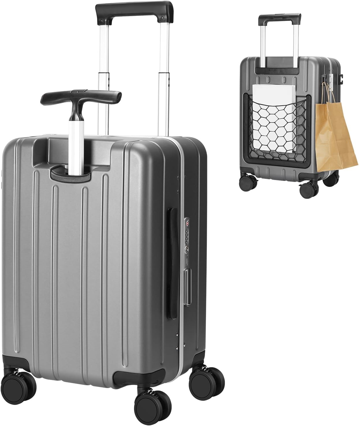 MRPLUM Carry On Luggage Double Handle Suitcase with Net Pocket,Hard Shell Spinner Wheels Luggage with TSA Lock&Seat Belt,20 inch,Grey