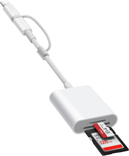 SD Card Reader for iPhone, SD Card Adapter with Lightening & USBC Dual-Connector for iPhone 5-14, USB-C iPhone 15, iPad, Mac or MacBook, Supports SD MicroSD Trail Camera Viewer, Plug and Play