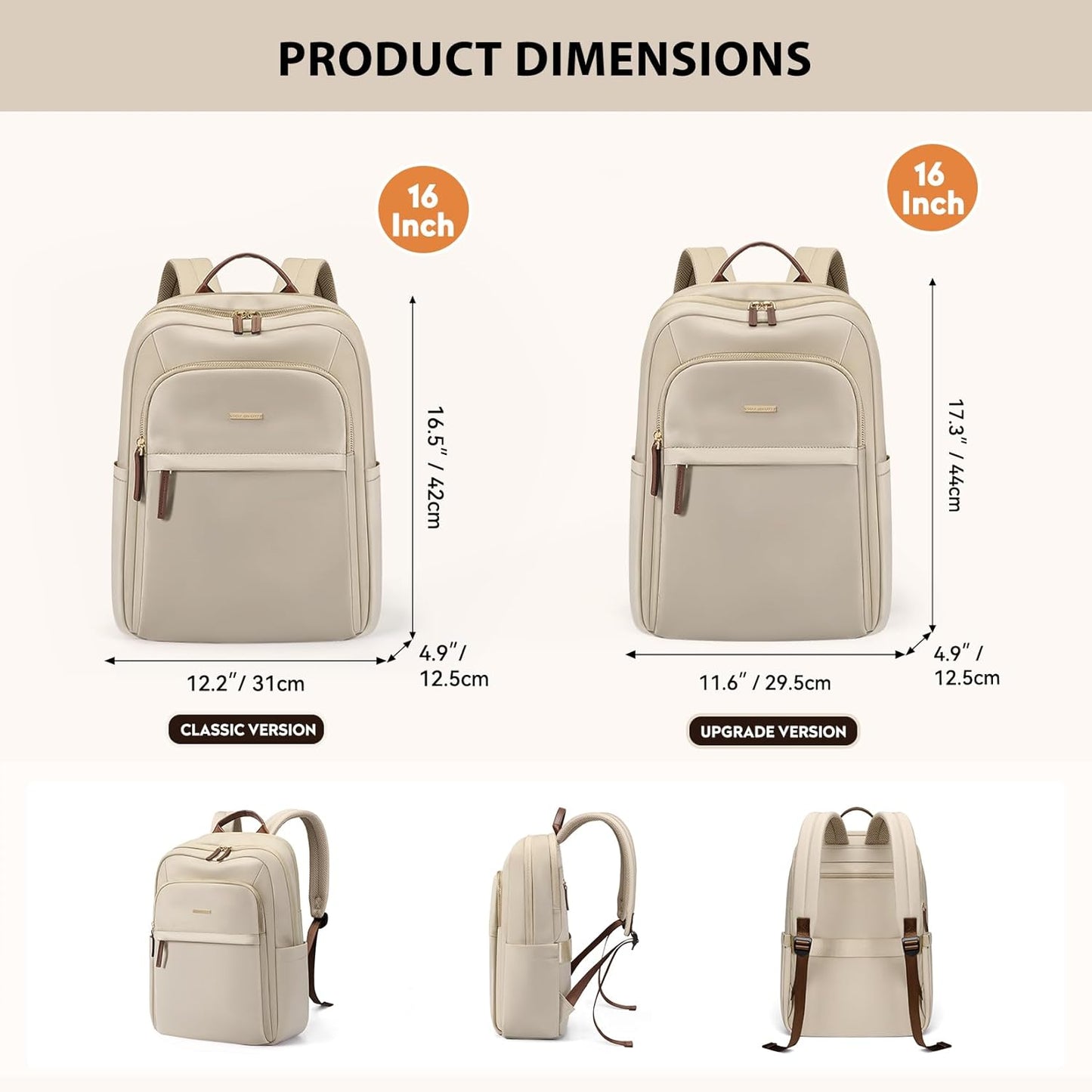Hiking Travel Backpack for Women Casual Business Weekender Multilayer Laptop Bag,16 Inch,Apricot