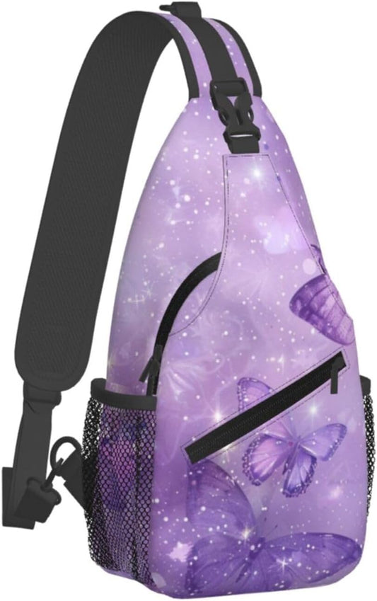 SUPLUCHOM Sling Bag Butterfly Purple Pastel Hiking Daypack Crossbody Shoulder Backpack Travel Chest Pack for Men Women