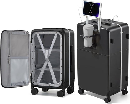 Hanke 28 Inch Luggage with Cup Holder and Charge,Top Opening Hard Shell Suitcases with Wheels and Dividers,Aluminum Frame Trunk Luggage Extra Large Suitcase with Lock for Travel，Jet Black