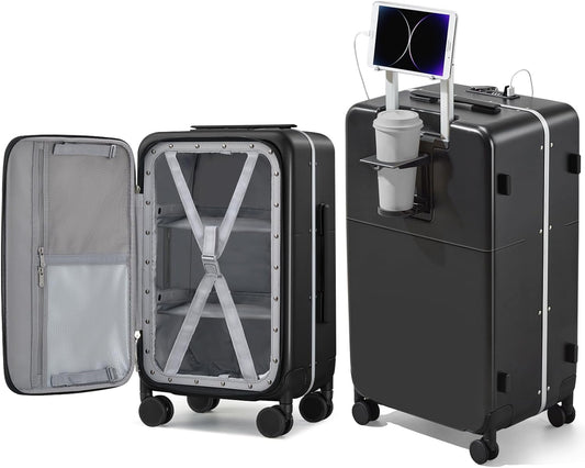 Hanke 28 Inch Luggage with Cup Holder and Charge,Top Opening Hard Shell Suitcases with Wheels and Dividers,Aluminum Frame Trunk Luggage Extra Large Suitcase with Lock for Travel，Jet Black