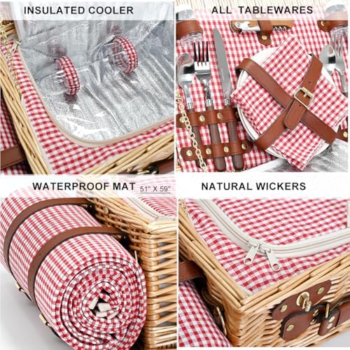 Picnic Basket with Blanket and Wine Pouch for 2, Wicker Picnic Set with Insulated Liner Cooler Bag Hamper for Camping,Wedding - Red Gingham