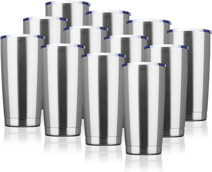 20oz Tumbler Bulk Stainless Steel Vacuum Insulated Tumblers with Lid Double Wall Travel Mug, Powder Coated Coffee Cup, Suitable for Ice Drinks and Hot Beverage (Stainless steel 12pack)