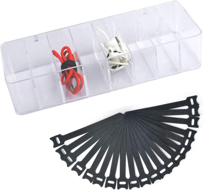 Acrylic Electronics Organizer-8 Sections Clear Cable Storage Bin Box,Cord Management Holder,Desk Storage Accessories with 20 PCS 6 Inch Reusable Fastening Fabric Cable Tie Straps Cord Wraps (No Lid)