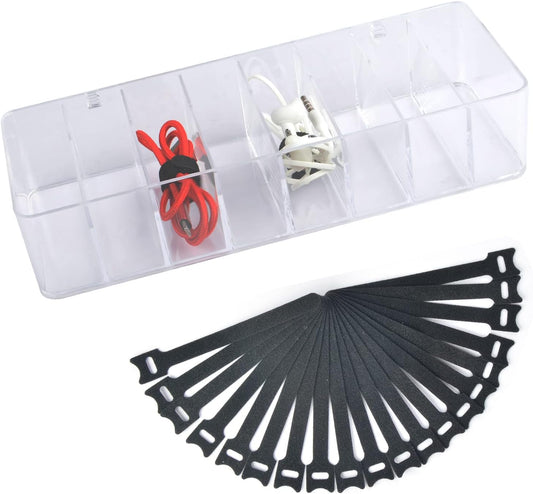 Acrylic Electronics Organizer-8 Sections Clear Cable Storage Bin Box,Cord Management Holder,Desk Storage Accessories with 20 PCS 6 Inch Reusable Fastening Fabric Cable Tie Straps Cord Wraps (No Lid)