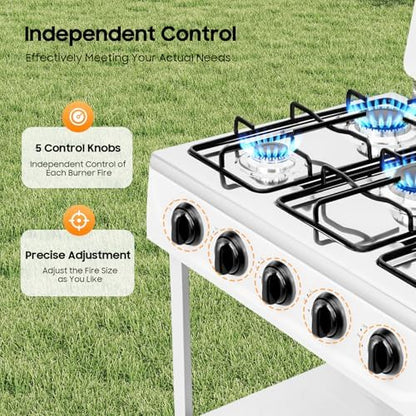 Gas Stove 5 Burner, 2500W Portable Grill BBQ Gas Stove Outdoor Camping Cooking BBQ Grill with 2-Tier Storage Rack for Motorhome Travel and Outdoor Cooking (White)