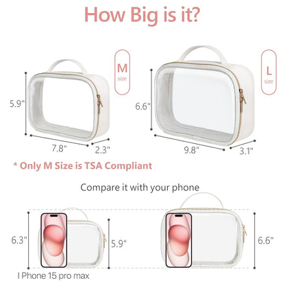 PACKISM TSA Approved Toiletry Bag - Glitter Textured Clear Toiletry Bag, Personalized and Fashion, with 180° Large Opening and Supporting Frame, Perfect for Travel Essentials, Thick No Smell, White