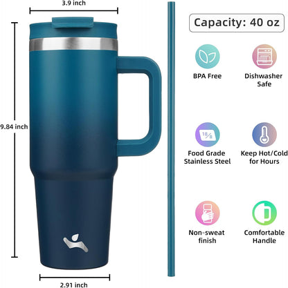 40 oz Tumbler with Handle and 2 Straws,2 in 1 Lid Insulated Water Bottle Stainless Steel Travel Coffee Mug,Indigo Black