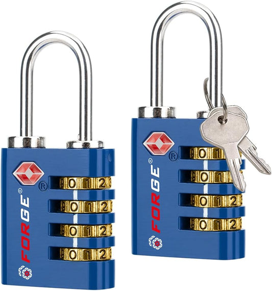Forge Dual-Opening: Key or Combination Access Lock, TSA Approved Locks for Luggage, Pelican case, Travel, Gym, School, Stainless Steel Shackle. (Blue 2 Pk)