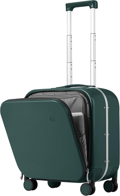 mixi Carry On Luggage, 18” Suitcase with Front Laptop Pocket, Travel Luggage Aluminum Frame PC Hardside with Spinner Wheels & TSA Lock and Cover (Not for Underseat), Blackish Green