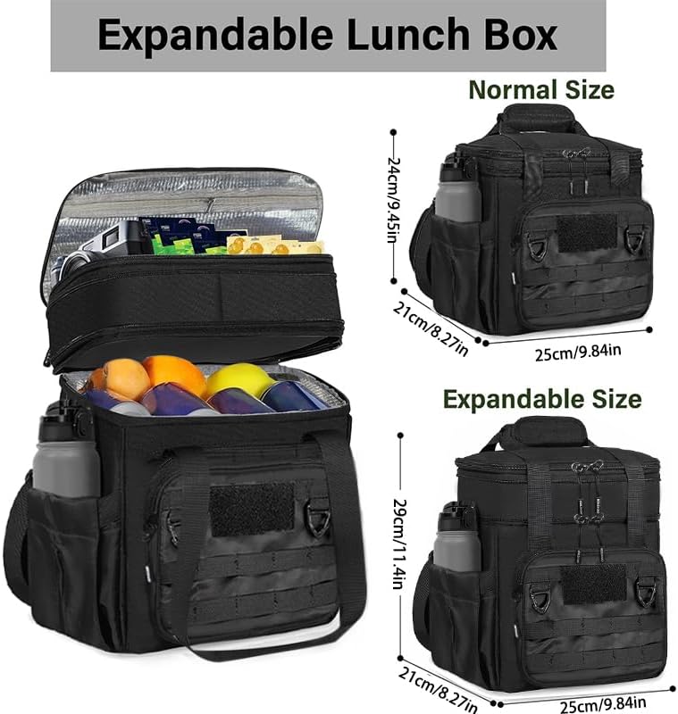 Expandable Insulated Lunch Box for Men & Women - Tactical Cooler Lunch Bag, Keeps Food Hot or Cold 8 Hours, Large Capacity with Water Bottle Holder & Shoulder Strap (Black)