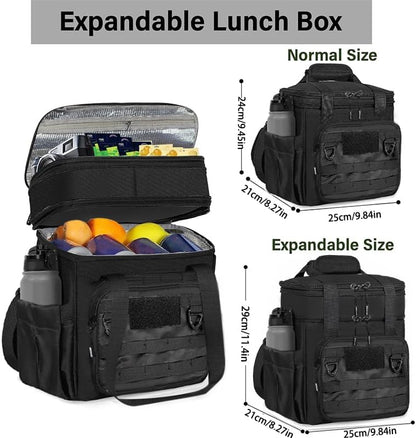 Expandable Insulated Lunch Box for Men & Women - Tactical Cooler Lunch Bag, Keeps Food Hot or Cold 8 Hours, Large Capacity with Water Bottle Holder & Shoulder Strap (Black)