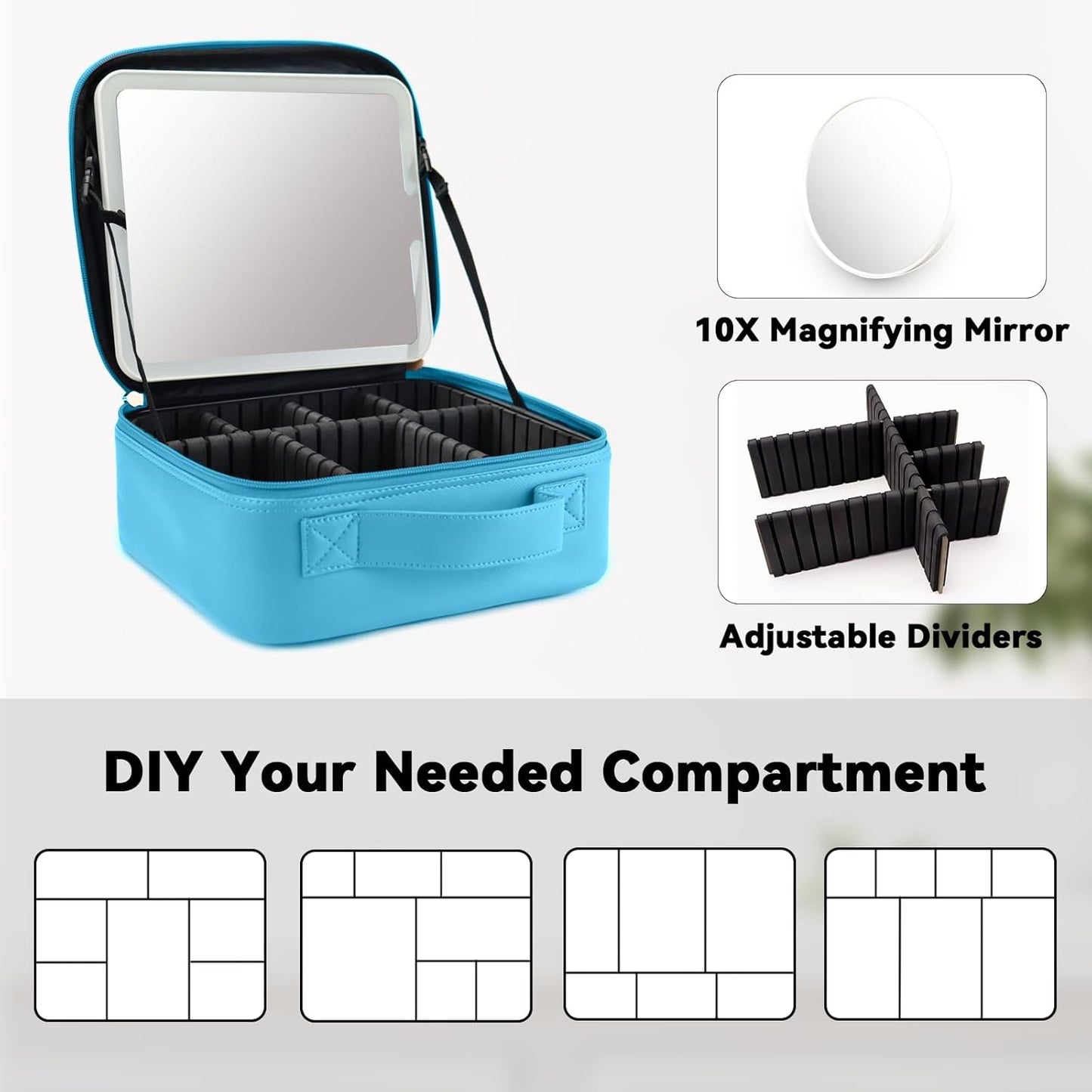 Travel Makeup Bag with LED Mirror and 10x magnifying glass with 3 Lighted Settings, Adjustable Dividers and Makeup Brush Storage Bag Blue