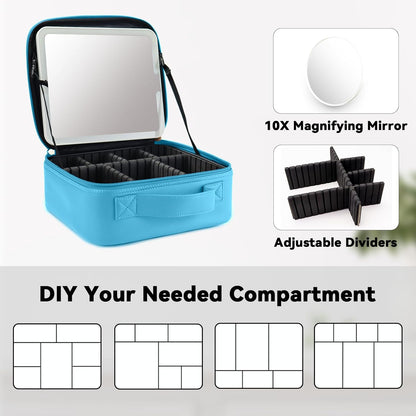 Travel Makeup Bag with LED Mirror and 10x magnifying glass with 3 Lighted Settings, Adjustable Dividers and Makeup Brush Storage Bag Blue