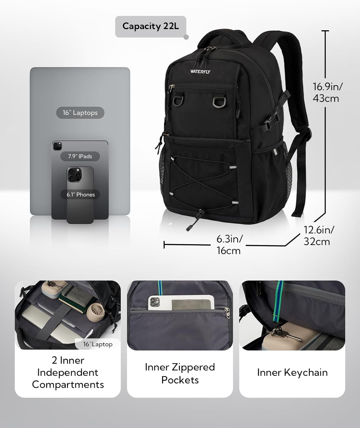 WATERFLY Travel Hiking Casual Backpack: 22L Lightweight Everyday Outdoor City Daypack College Bookbag for Woman Man