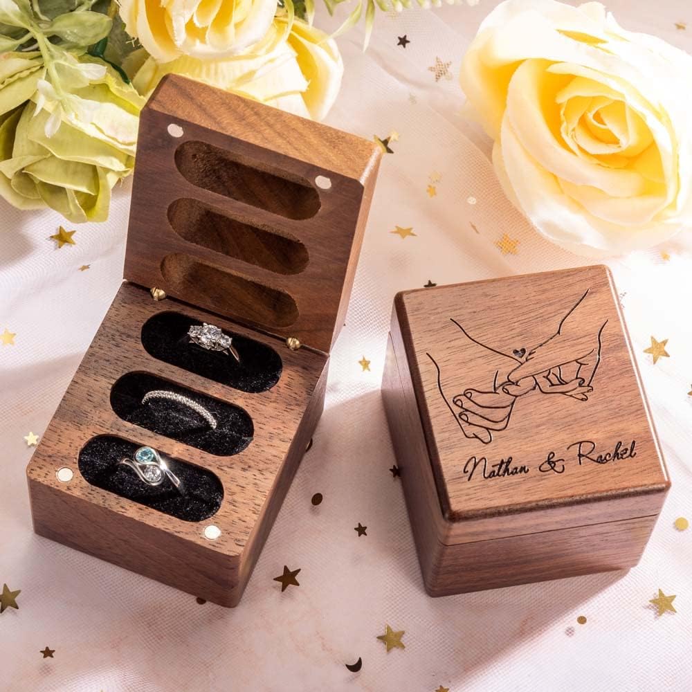 Custom Engraving Ring Gift Box Wooden Presentation Jewelry Box Case with 3 Ring Slots for Proposal Engagement Wedding Ceremony Birthday Gift