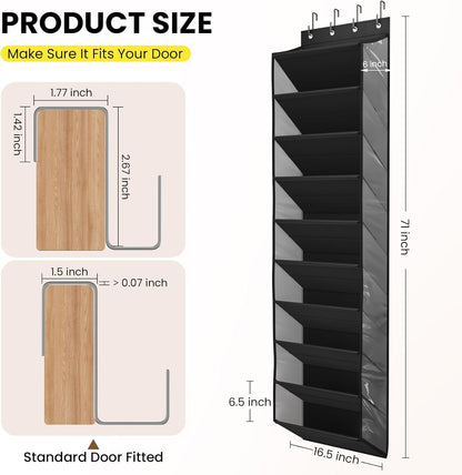 Over the Door Shoe Organizer for Closet, Shoes Rack with 10 Tier PVC Window Deep Pockets, Hanging Shoe Organizers for Boot Storage, Behind the Door Narrow Shoe Holder for Small Shoes, Black