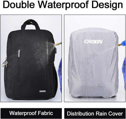 CADeN DSLR Camera Backpack Bag Waterproof Anti Theft with 15.6 inch Laptop Compartment, USB Charging Port, Tripod Holder, Rain Cover, Inner Case, Compatible for Sony Canon Nikon Olympus Black
