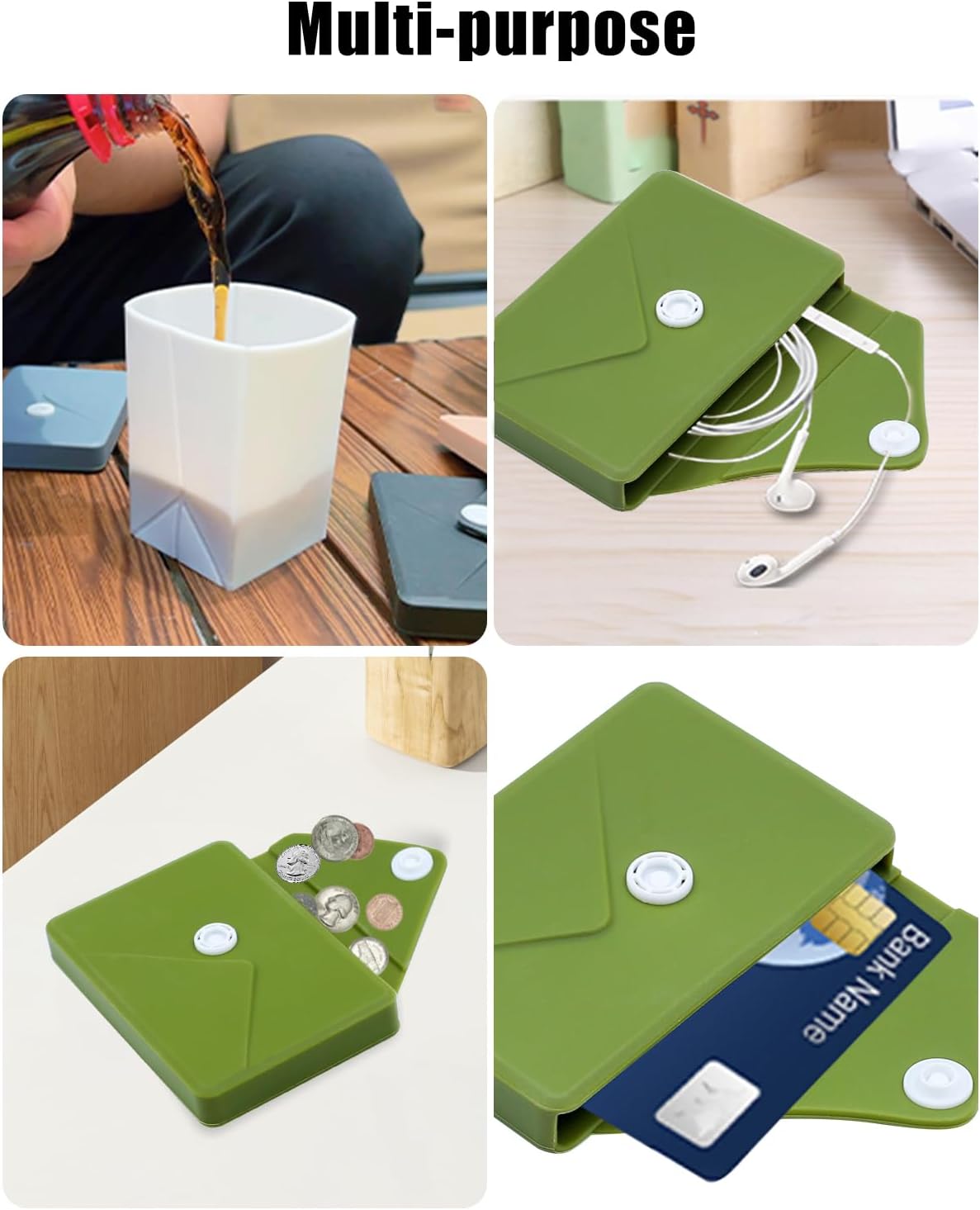 Collapsible Cup[2025 Upgraded] Silicone Foldable Water Cup, Collapse Water Bottles with Envelope-Shaped Storage Pouch, Portable Camping Cup for Outdoors, Travel, Camping(Olive Green)