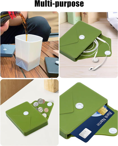 Collapsible Cup[2025 Upgraded] Silicone Foldable Water Cup, Collapse Water Bottles with Envelope-Shaped Storage Pouch, Portable Camping Cup for Outdoors, Travel, Camping(Olive Green)