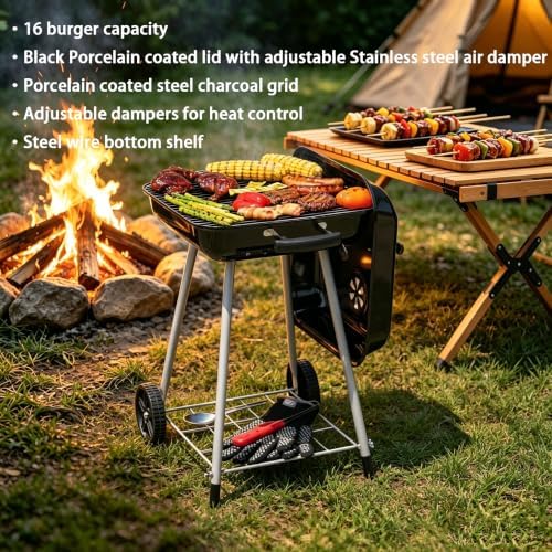 17.5 Inch Portable Charcoal Grill with Removable Ash Catcher, Durable Wheels, and Side Dampers for Effortless Cleanup