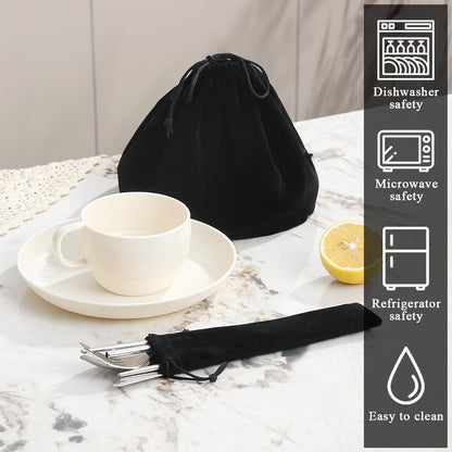 Camping Essentials Set, HOMQUEN Camping Plates and Bowls Set, Coffee Mug, Travel Cutlery Set Include Spoon, Fork, Knife for Work, Outdoor,Picnic, Camp （White）