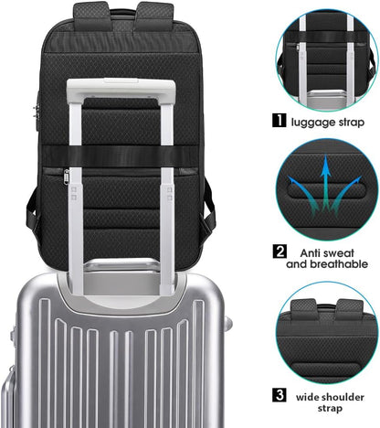 BANGE Black Genuine Leather Laptop Backpack for Men，Anti Theft Business Backpack with USB3.0 Charging Port, Smart Professional Lightweight Travel Backpacks for 15.6 Inch Laptop…