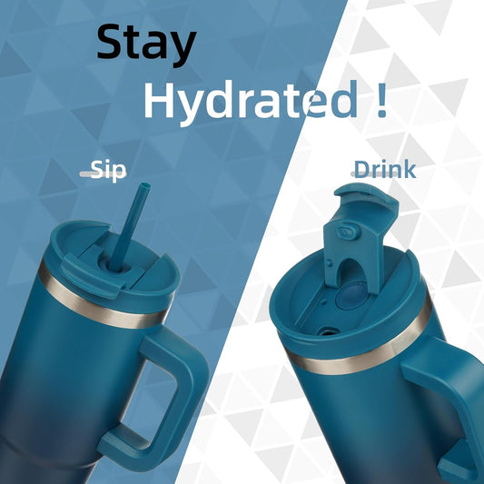 40 oz Tumbler with Handle and 2 Straws,2 in 1 Lid Insulated Water Bottle Stainless Steel Travel Coffee Mug,Indigo Black