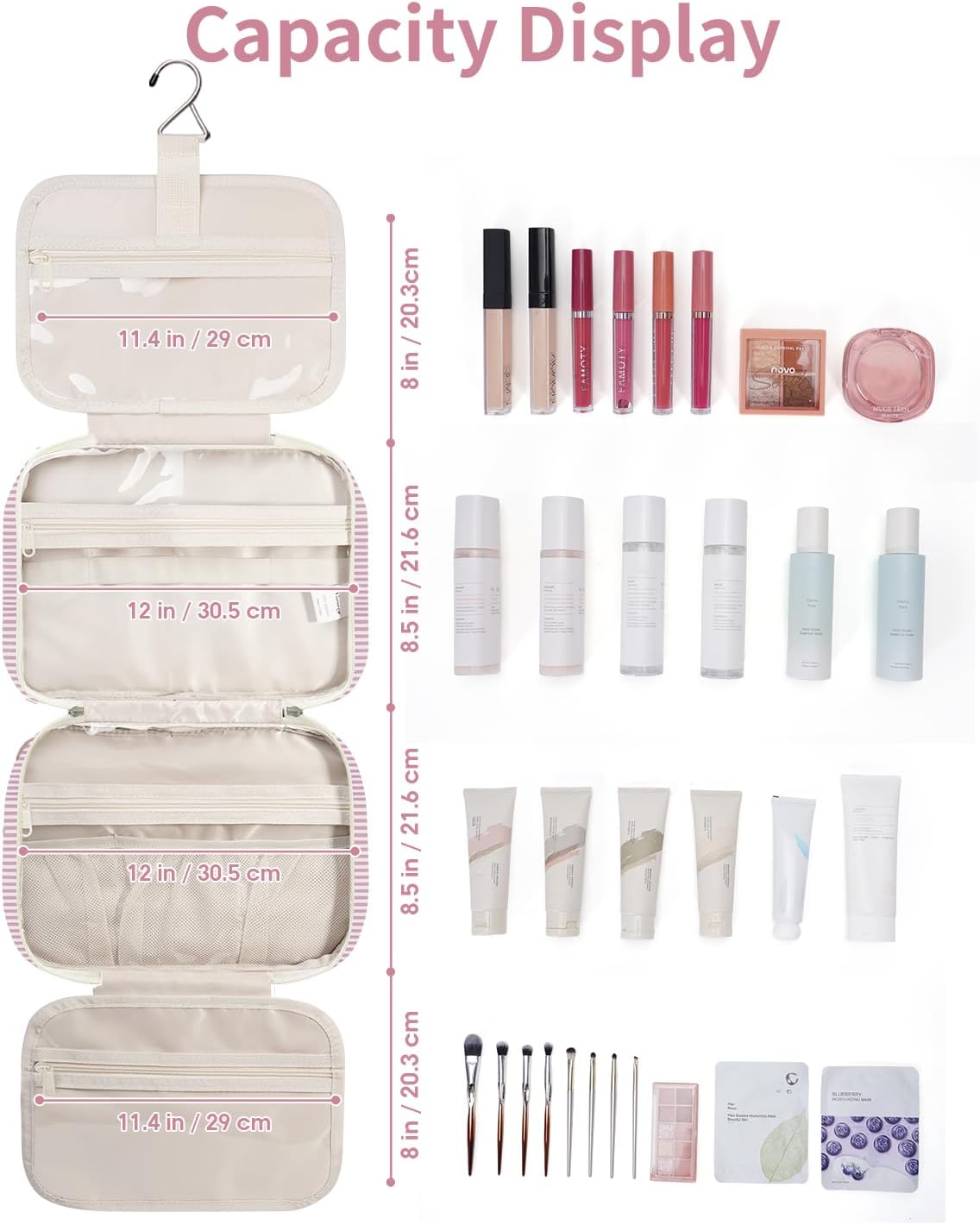 Narwey Striped Travel Toiletry Bag for Women Large Hanging Makeup Bag Organizer Toiletries Bag for Full Size Essentials Accessories Cosmetics (Dusty Pink Stripe (Large))