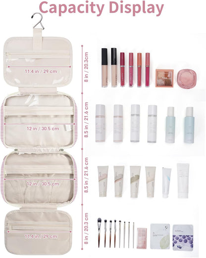 Narwey Striped Travel Toiletry Bag for Women Large Hanging Makeup Bag Organizer Toiletries Bag for Full Size Essentials Accessories Cosmetics (Dusty Pink Stripe (Large))