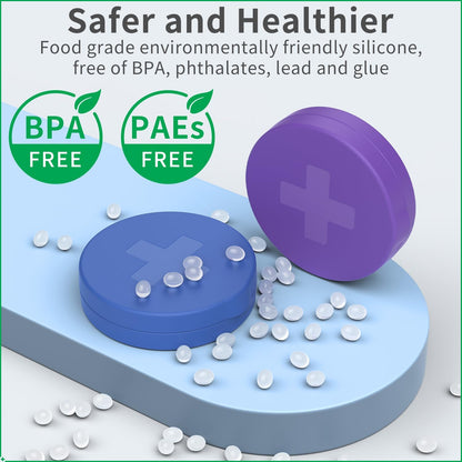 2 Pack Small Pill Box,3 Compartment Round Silicone Travel Pill Box for Purse Pocket, Waterproof Portable Compact Medicine Holder for Vitamin, Cod Liver Oil, Supplement(Purple+Blue)