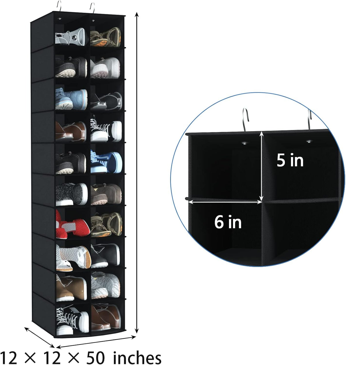 coastal rose Hanging Shoe Organizer for Closet, 20 Sections Hanging Closet Organizers and Storage Shelves, Space Saving Hanging Shoe Rack, Black, 12''W×12''Dx 50''H