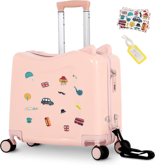 20" Ride-On Travel Suitcase for Kids, Cute Ear Toddler Carry on Luggage with Spinner Wheels & Anti-Lose Rope, Children Rolling Trolly Luggage with Password Lock (Pink with Rope)