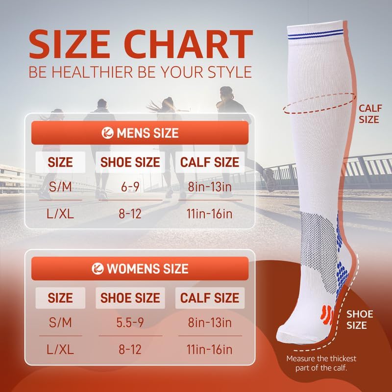 Kickticks 4 Pairs Compression Socks for Woman & Man Unisex 20-30mmHg Knee high Plus Size Wide Calves for Flying Running…