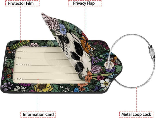Skull and Colorful Flower Luggage Tags for Suitcases,2 Pack Luggage Tag, Leather Stainless Steel Loop Label Tag for Women Girl Travel Bag Suitcase