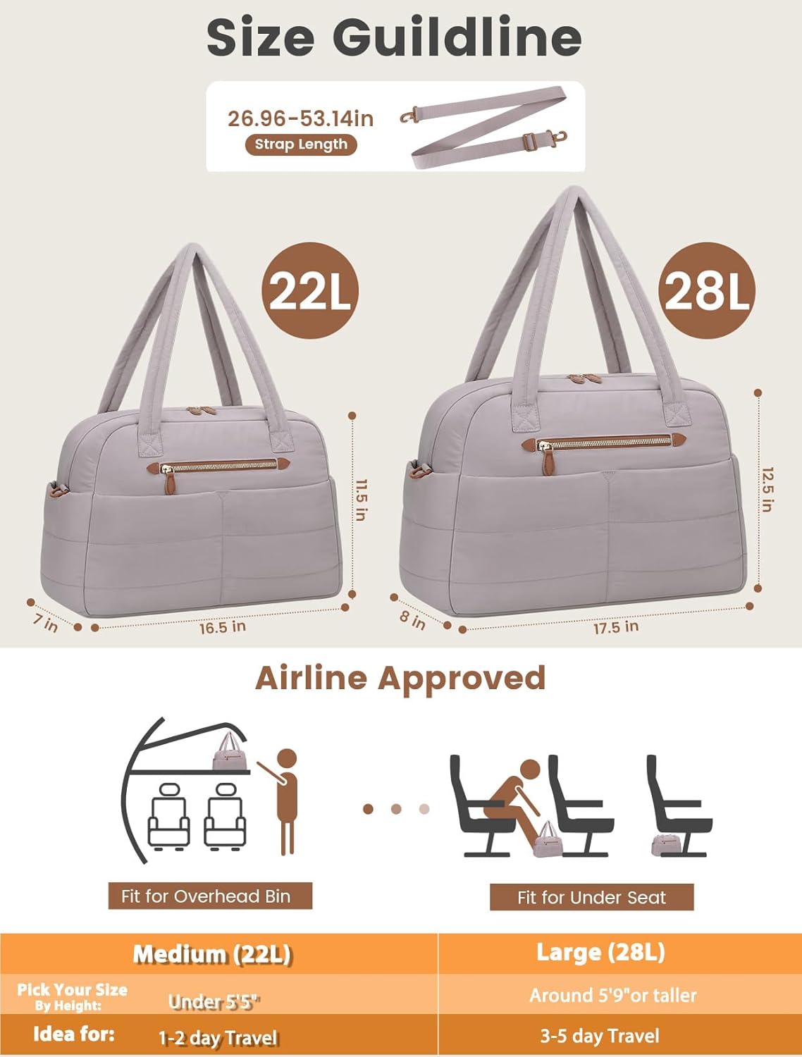 Travel Duffle Bag,Puffer Carry On Duffel Bag with Laptop Compartment Waterproof Overnight Weekender Bags for Women Large Hospital Tote Bags for Labor and Delivery(Large,Khaki Gray)