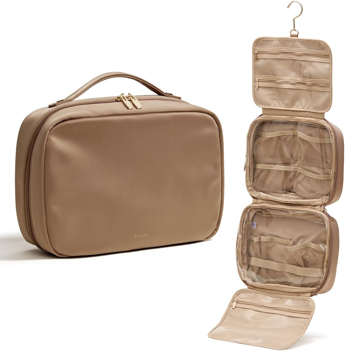 EACHY Hanging Toiletry Bag, Satin 4 Compartments Travel Toiletry Bags for Women, Large Capacity Make Up Organizer Bag with Handle & Compartments (Brown, L)