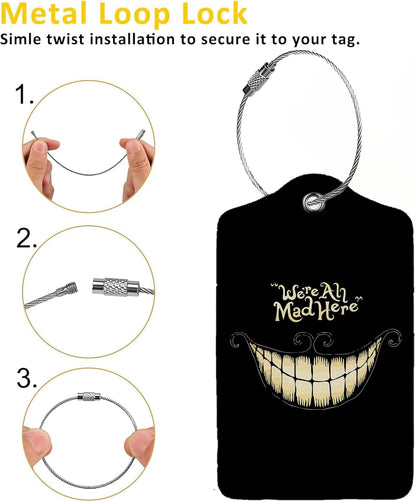 Black Halloween Smile Luggage Tags for Suitcases,2 Pack Luggage Tag, Leather Stainless Steel Loop Label Tag for Women Girl Travel Bag Suitcase