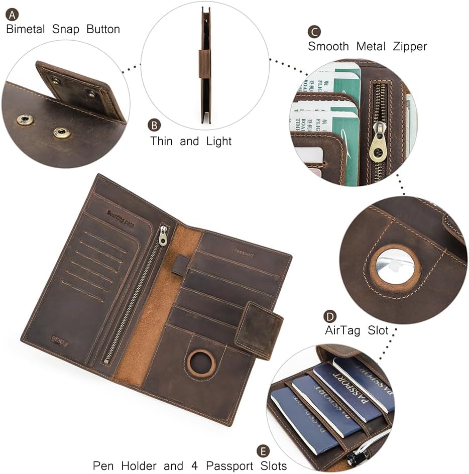 CONTACTS Full Grain Leather Family Passport Holder for 4 Airtag Passport Wallet RFID Blocking Travel Passport Cover with 4 Passport Slot, 6 Card Slot (Brown)